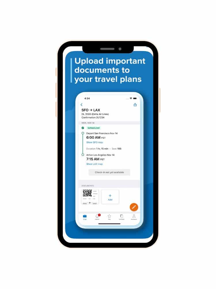 Mobile phone screen showing a travel planning app with a feature to upload important documents to your travel plans, detailing a flight from San Francisco (SFO) to Los Angeles (LAX) with options to view maps and add documents.