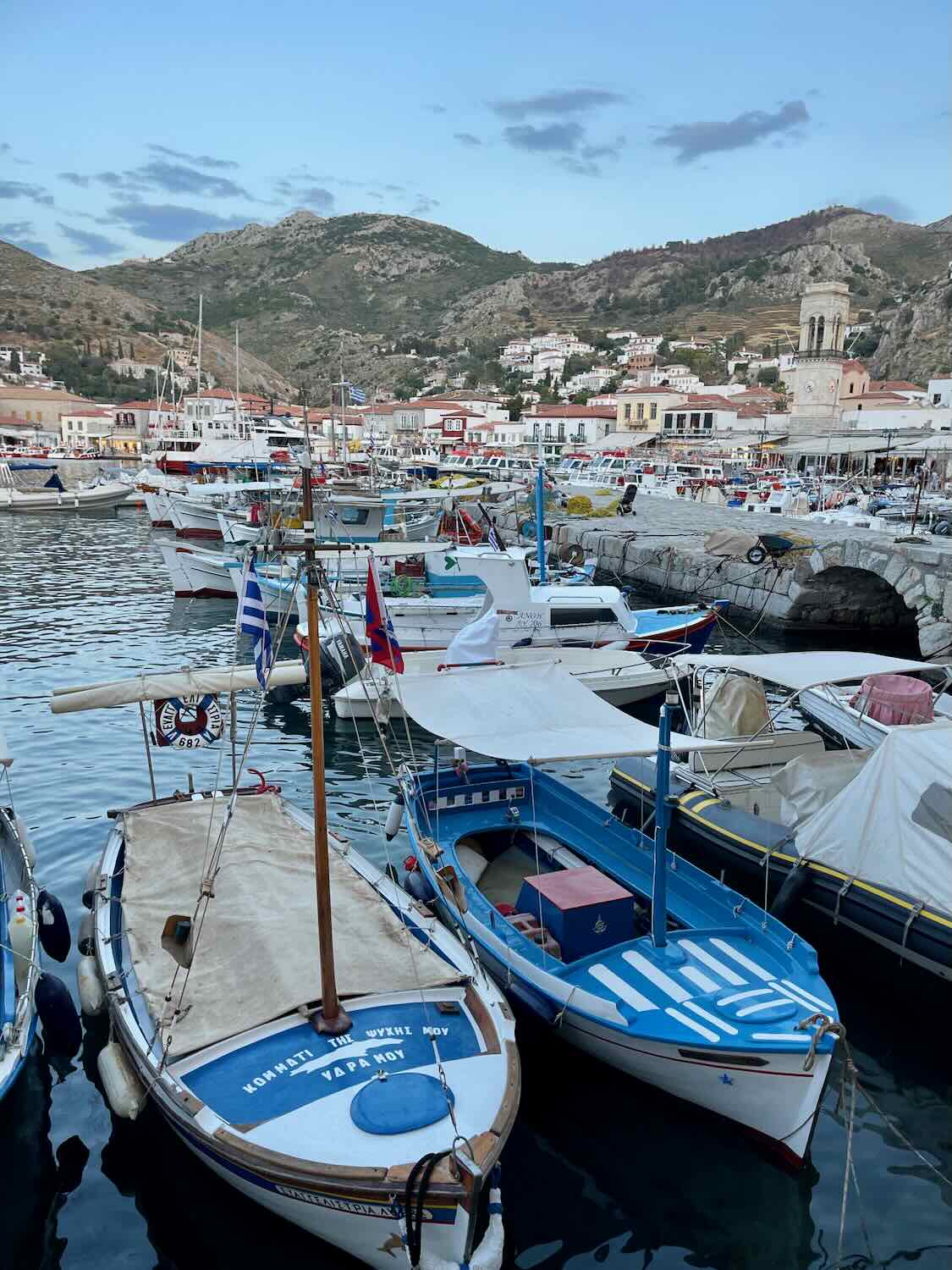 Bustling Hydra port with moored boats displaying vibrant flags and the picturesque town rising in the background, embodying the island's maritime charm.