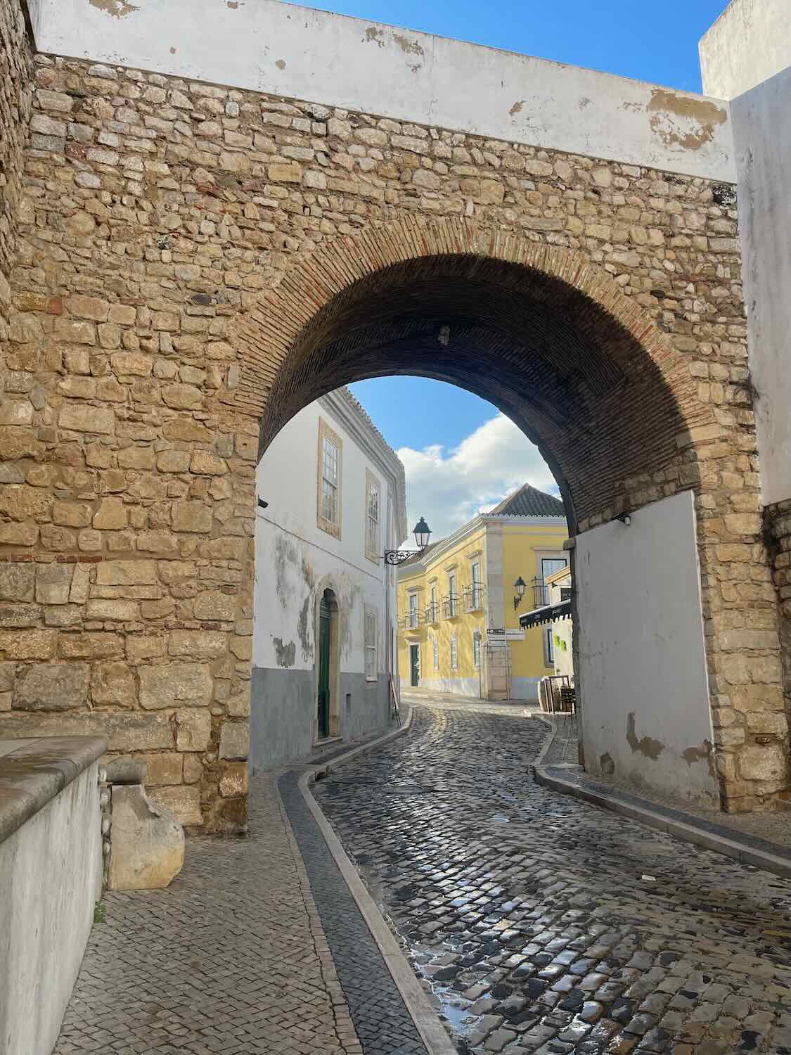 A tranquil street in Faro's old town, showcasing a stone archway leading to historic, colorful buildings and a cobblestone street reflecting the soft light.