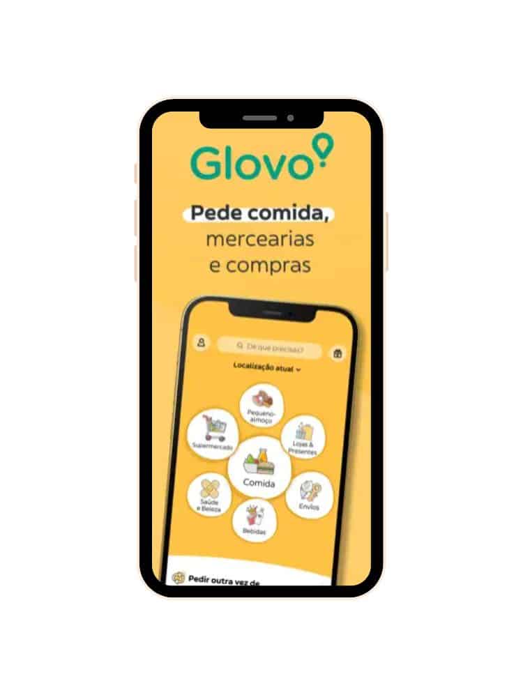 Screenshot of the Glovo app interface on a smartphone displaying various categories such as supermarket, food, drinks, and more, with a yellow background and the text 'Pede comida, mercearias e compras'.
