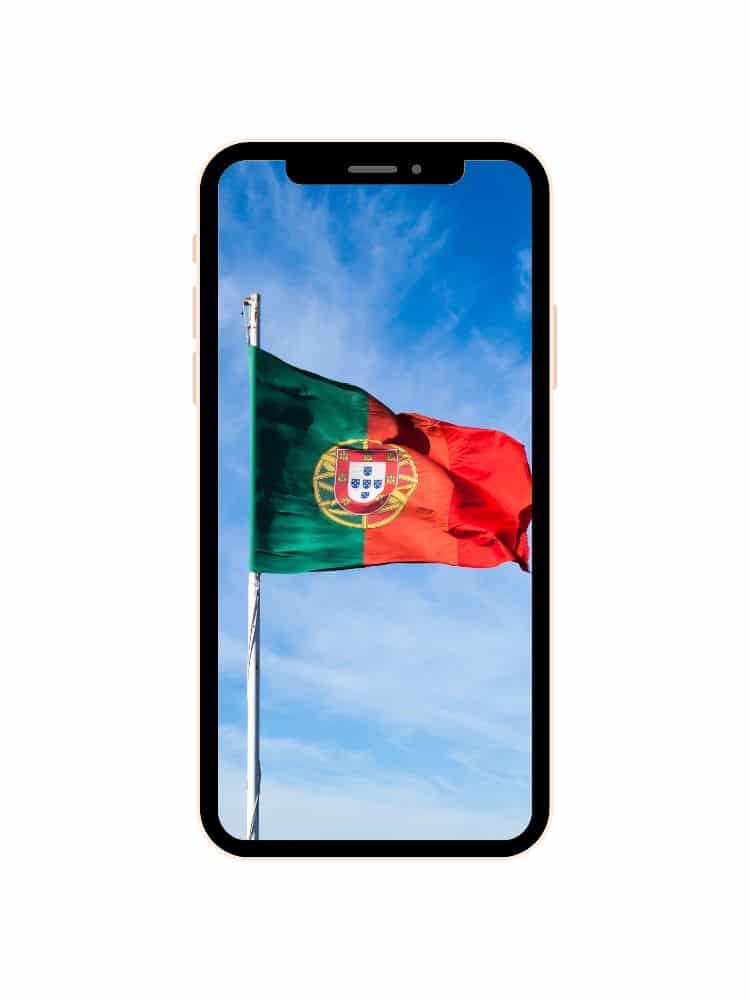 Cell phone screen with a clear image of the Portuguese flag waving against a blue sky, centered on the display with no additional app interface elements.