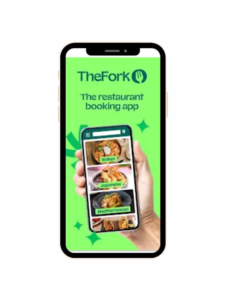 Image of The Fork restaurant booking app on a mobile device, featuring cuisine options like Italian, Japanese, and Mediterranean, with a green background and the app's logo.