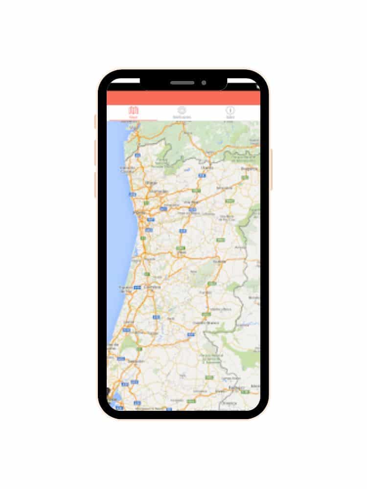 A mobile phone displaying a map of a region in Portugal with road networks and landscape features, the interface shows a navigation bar at the top with search and menu options.
