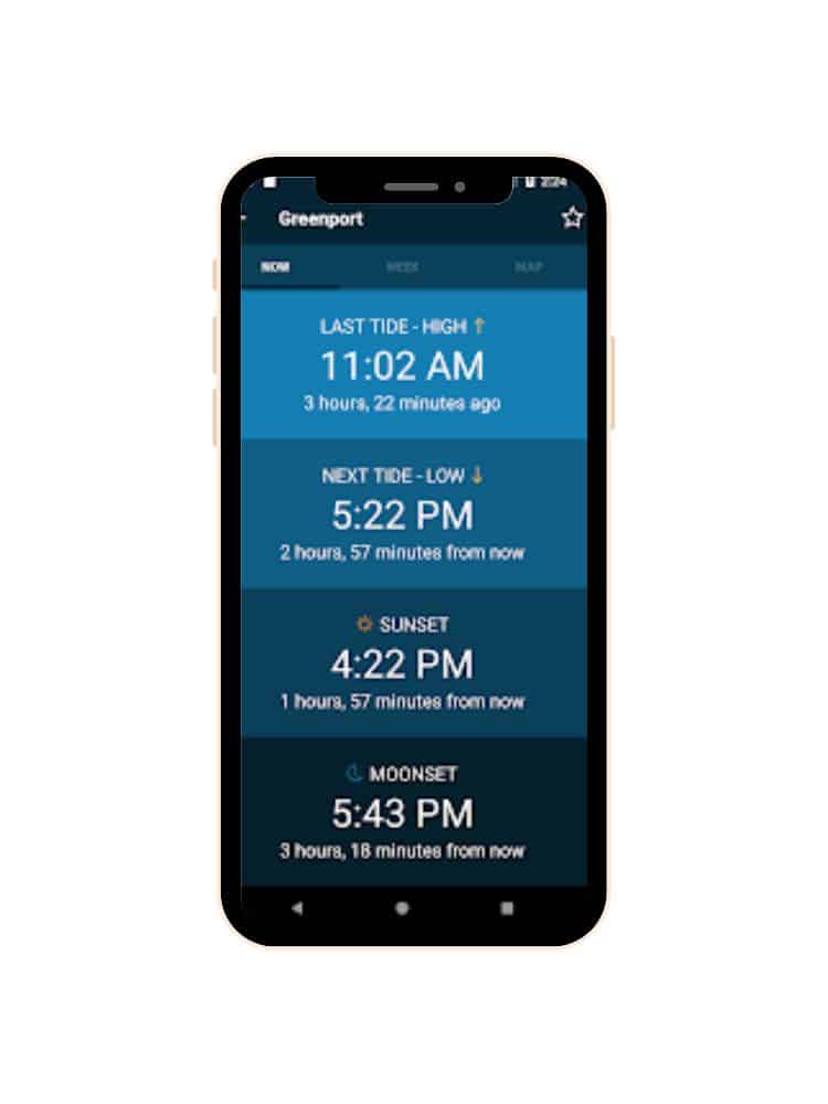 Smartphone interface displaying tide information for Greenport with timestamps for the last high tide, next low tide, sunset, and moonset times against a deep blue background.