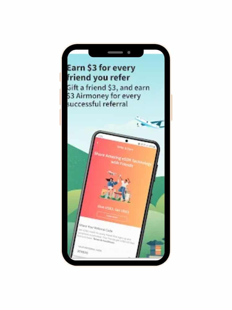 Image of a smartphone displaying a referral program screen that offers 'Earn $3 for every friend you refer' with illustrations of people sharing and receiving rewards.