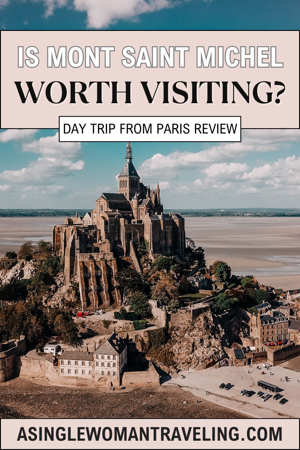 Promotional poster asking 'Is Mont Saint Michel Worth Visiting?' with a stunning aerial view of Mont Saint Michel, featuring its intricate architecture and the surrounding bay, suggesting its allure as a day trip destination from Paris.
