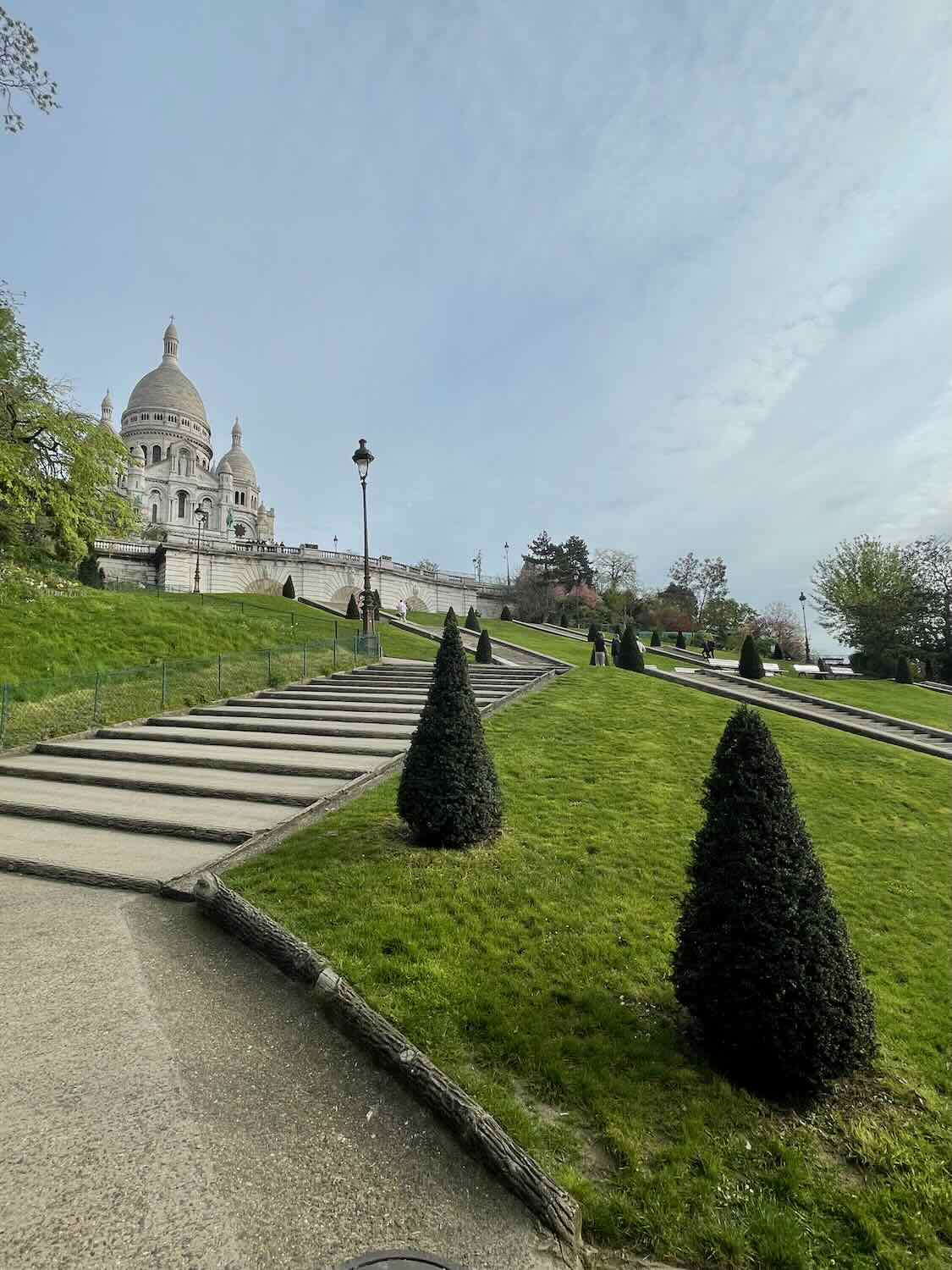 beautiful view of the Sacré-Cœur Basilica in Montmartre, Paris. It's seen from a lower perspective, looking up a set of stairs surrounded by lush green grass and lined with neat, cone-shaped shrubs, with the iconic white domes of the basilica standing out against a clear sky.