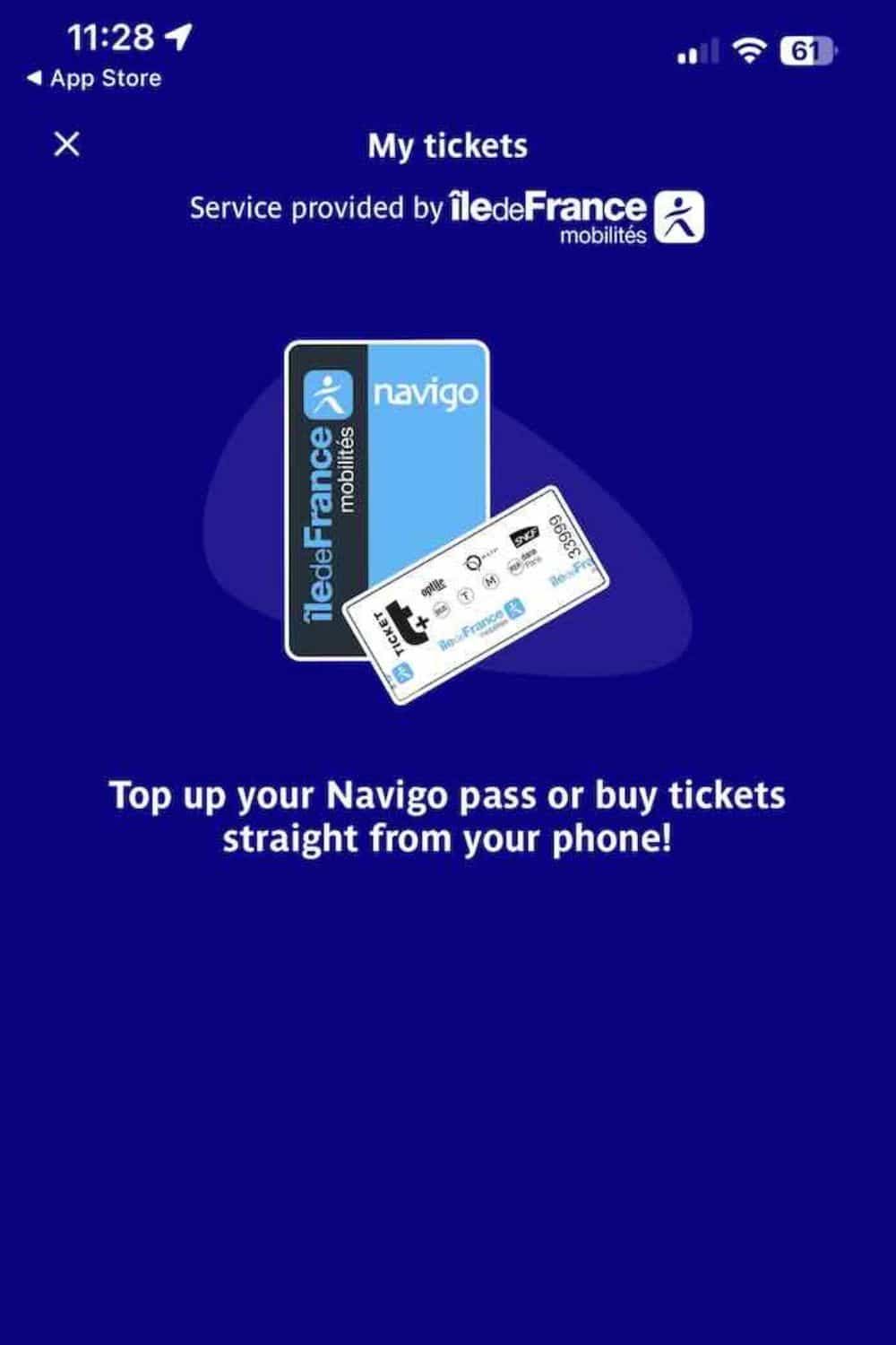 A screenshot of the Navigo app on a smartphone, displaying options to top up a Navigo pass or buy tickets for Paris metro services, promoting easy travel around Paris.