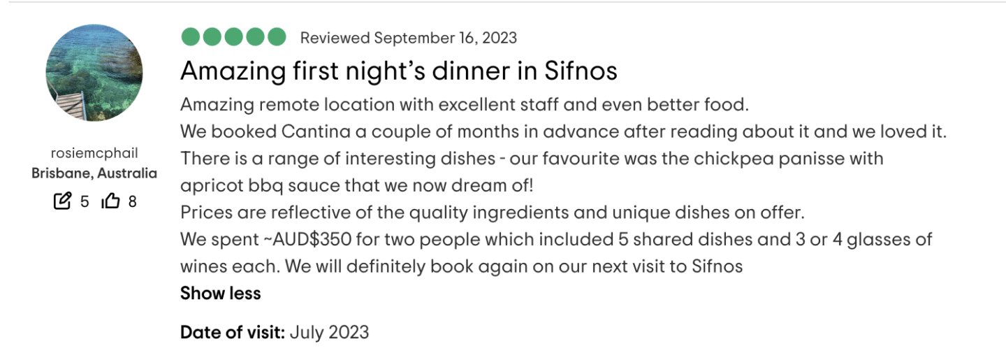 rosiemcphail describes an "Amazing first night’s dinner in Sifnos," detailing a remote location with exceptional food, favorite dishes, and mentions spending a significant amount on a high-quality dining experience.