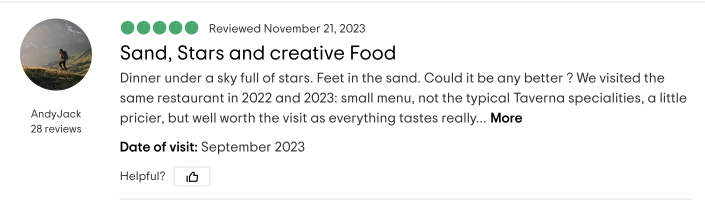 AndyJack's review "Sand, Stars and creative Food" praises dining under the stars on the beach, noting the small yet high-quality menu.
