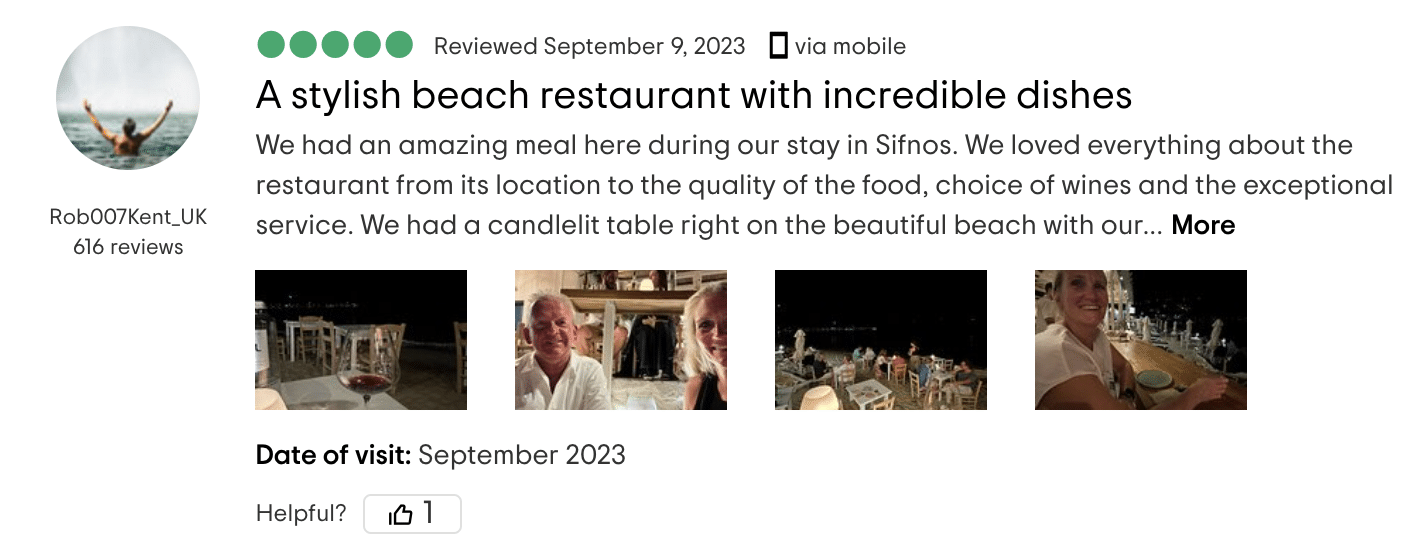 Rob007Kent_UK describes the restaurant as a "stylish beach restaurant with incredible dishes," highlighting an exceptional dining experience with a candlelit table on the beach, praising the food, wine selection, and overall ambiance.