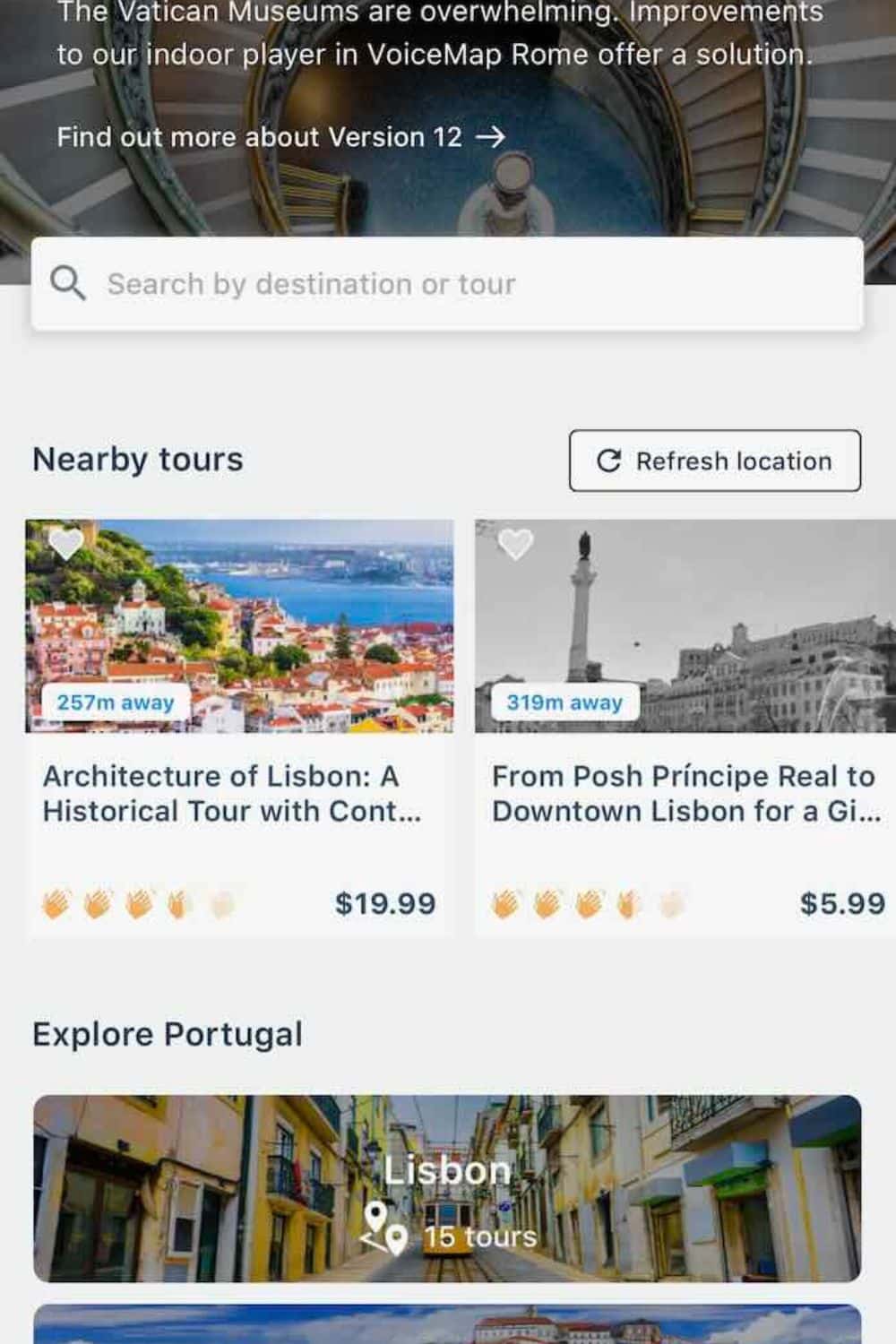 Screenshot of a travel app featuring tours in Lisbon and highlighting the Vatican Museums audio tour.