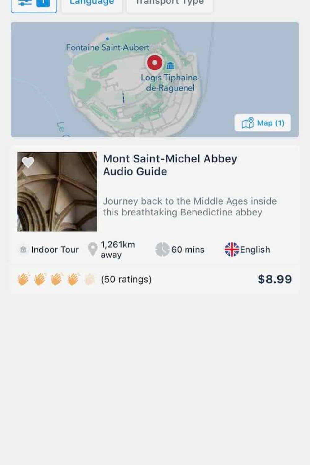 App screen displaying details of the Mont Saint-Michel Abbey audio guide tour, showing distance, duration, and price