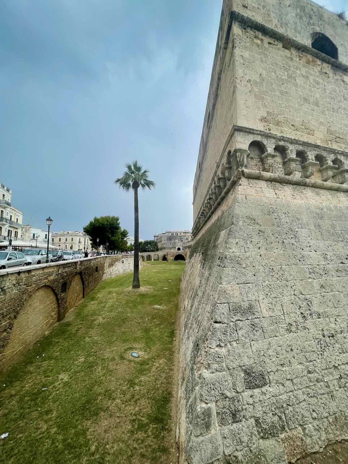 A side view of Bari Castle, showcasing its large stone walls and a small grassy moat. A lone palm tree stands beside the castle, and the sky is overcast.