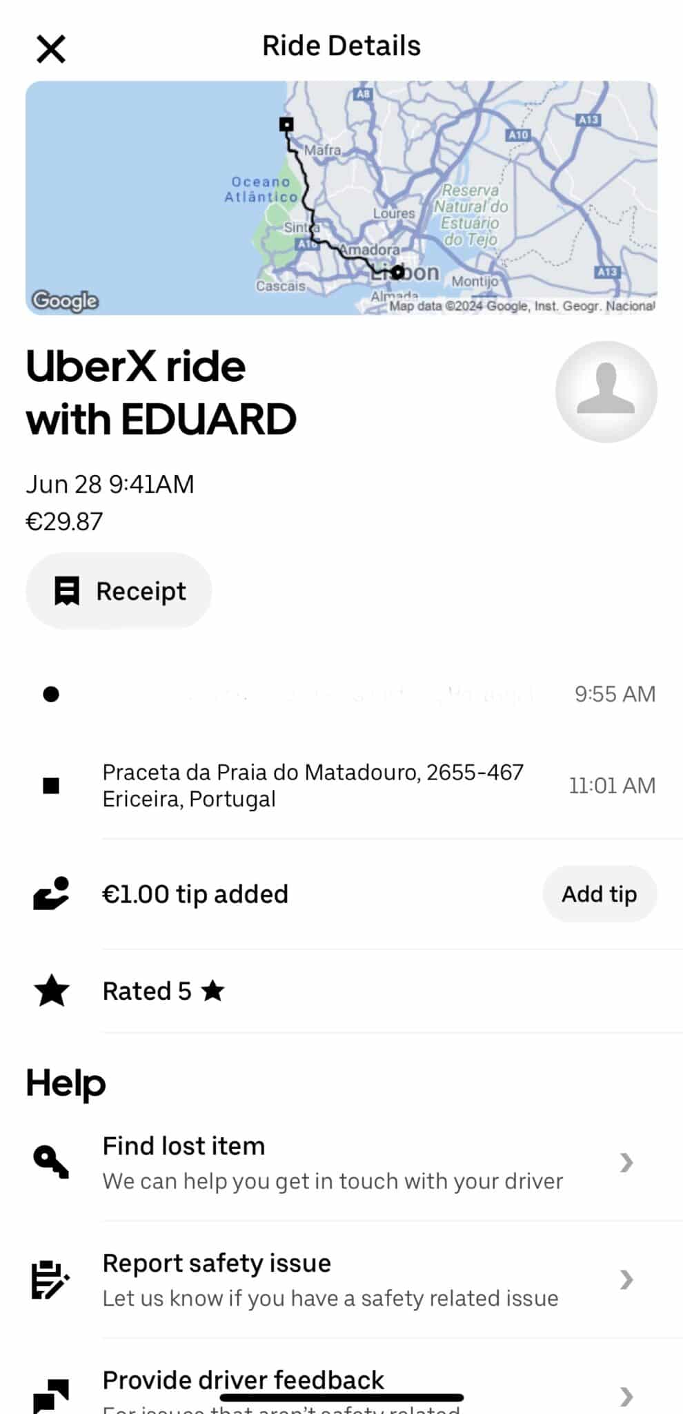 Screenshot of Uber ride details showing a map with the route from Lisbon to Ericeira. The ride was with driver Eduard on June 28 at 9:41 AM, costing €29.87. The pick-up address was unspecified, and the drop-off address was Praceta da Praia do Matadouro, 2655-467 Ericeira, Portugal. A €1.00 tip was added, and the ride was rated 5 stars. The help options include finding a lost item, reporting a safety issue, and providing driver feedback.