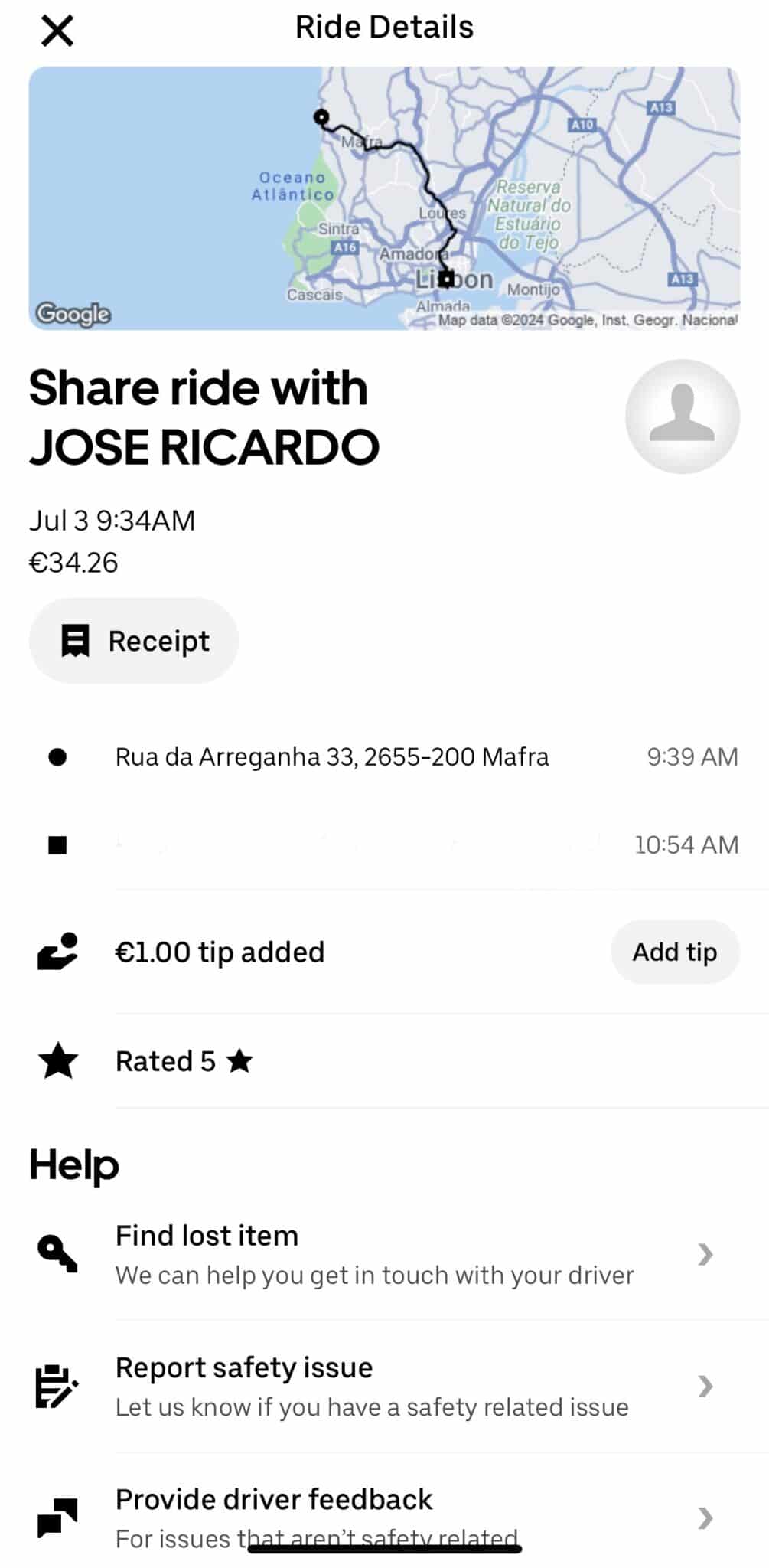 Screenshot of Uber ride details showing a map with the route from Lisbon to Mafra. The ride was with driver Jose Ricardo on July 3 at 9:34 AM, costing €34.26. The pick-up address was Rua da Arreganha 33, 2655-200 Mafra. A €1.00 tip was added, and the ride was rated 5 stars. The help options include finding a lost item, reporting a safety issue, and providing driver feedback.