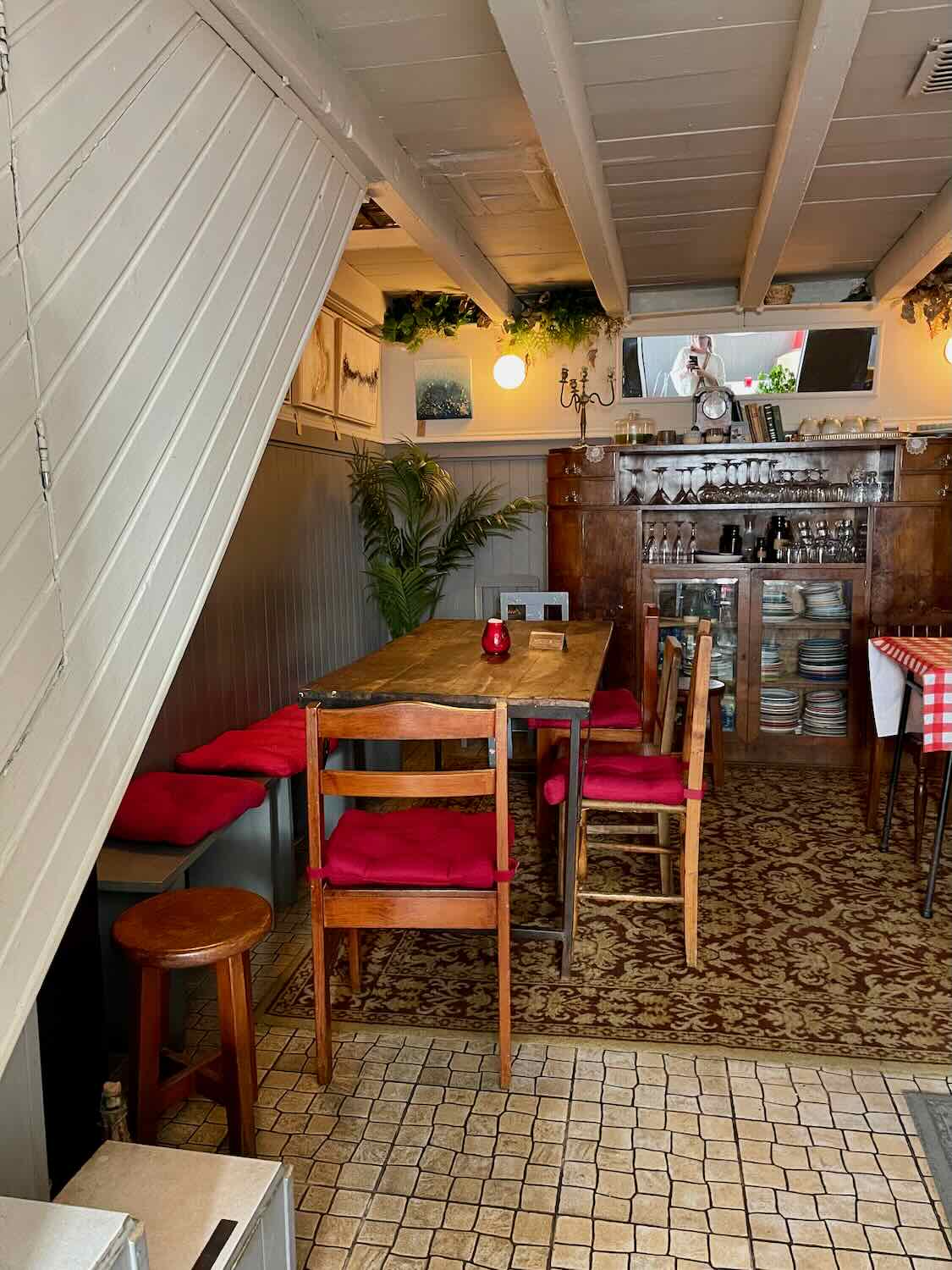 A cozy and rustic dining area with a wooden table and red-cushioned chairs. The space features a warm ambiance with decorative plants and wooden shelving holding glasses and plates.