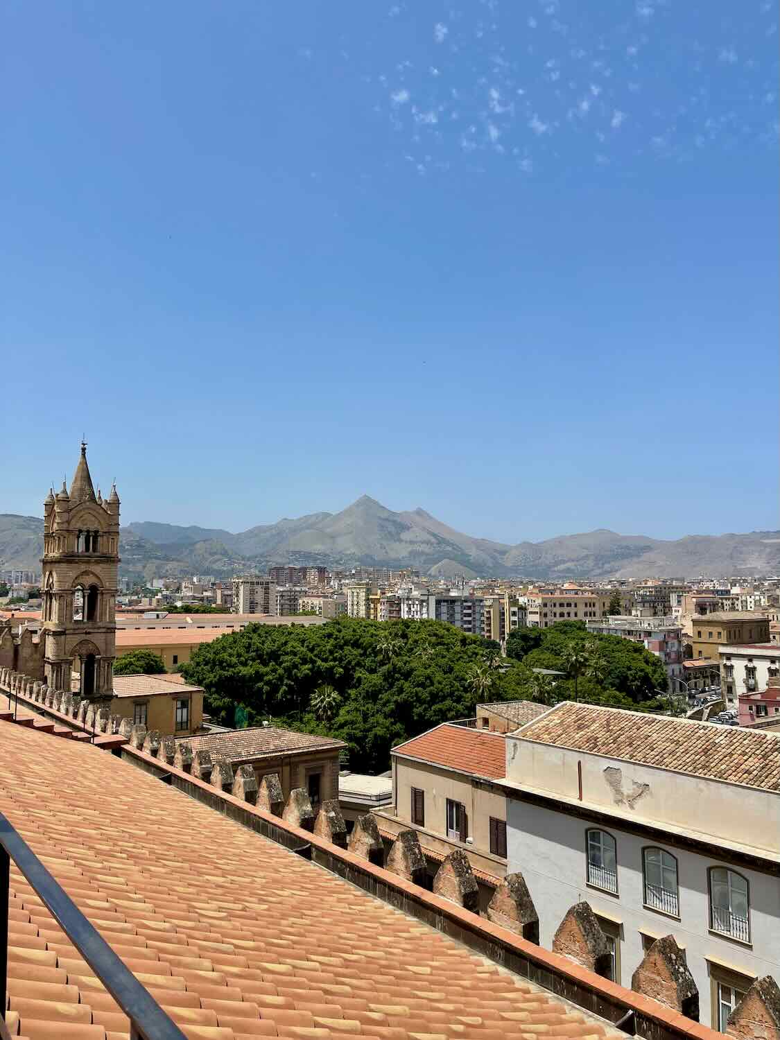 A panoramic view of Palermo, Sicily, from a rooftop showing the city's mix of historic and modern buildings. In the foreground, there is a rooftop with terracotta tiles and a church tower. The background features green trees and a mountainous landscape under a clear blue sky.