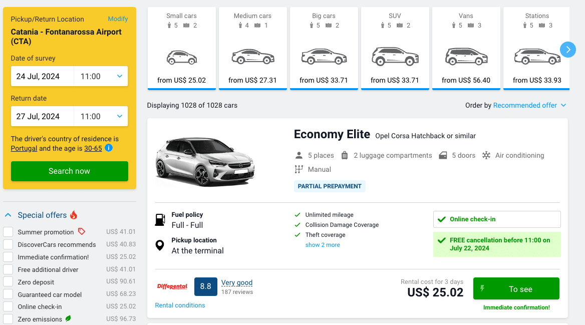 Car rental options at Catania Fontanarossa Airport, showing a selection of cars, rental dates from July 24 to July 27, 2024, and prices starting from $25.02. The selected car is an Economy Elite Opel Corsa Hatchback with details on fuel policy, unlimited mileage, and insurance coverage.
