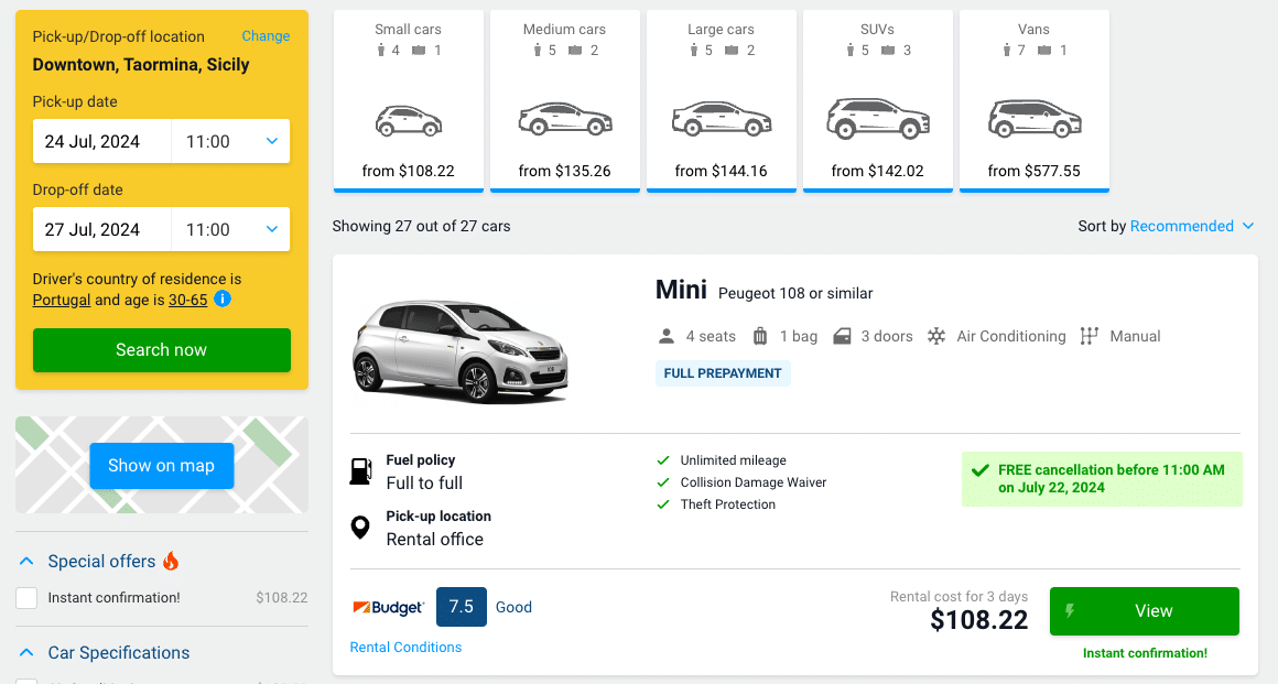 Car rental options in downtown Taormina, Sicily, showing a selection of cars, rental dates from July 24 to July 27, 2024, and prices starting from $108.22. The selected car is a Mini Peugeot 108 with details on fuel policy, unlimited mileage, and insurance coverage.