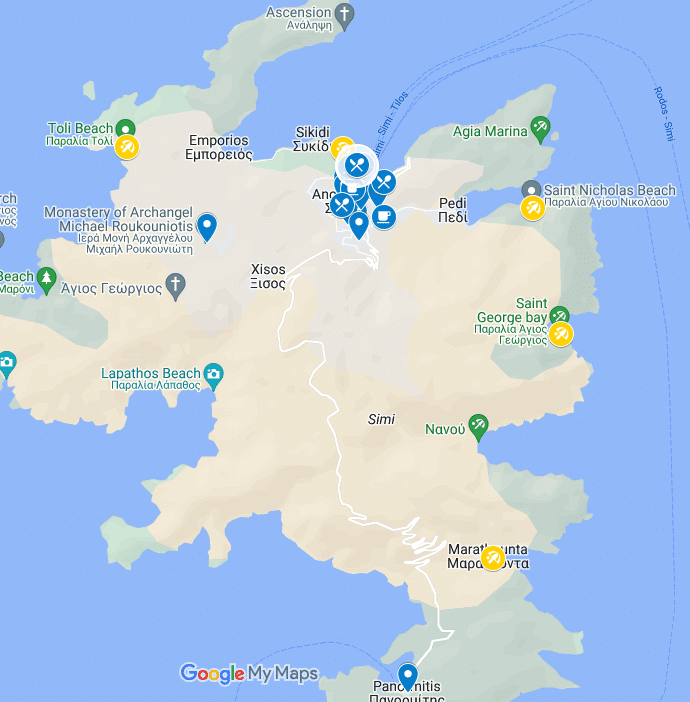 Map of Symi, Greece, highlighting key points of interest such as popular beaches (Toli Beach, Lapathos Beach, Saint Nicholas Beach, and Agia Marina), Monastery of Archangel Michael Roukouniotis, and various dining and accommodation options in the Ano Symi area.