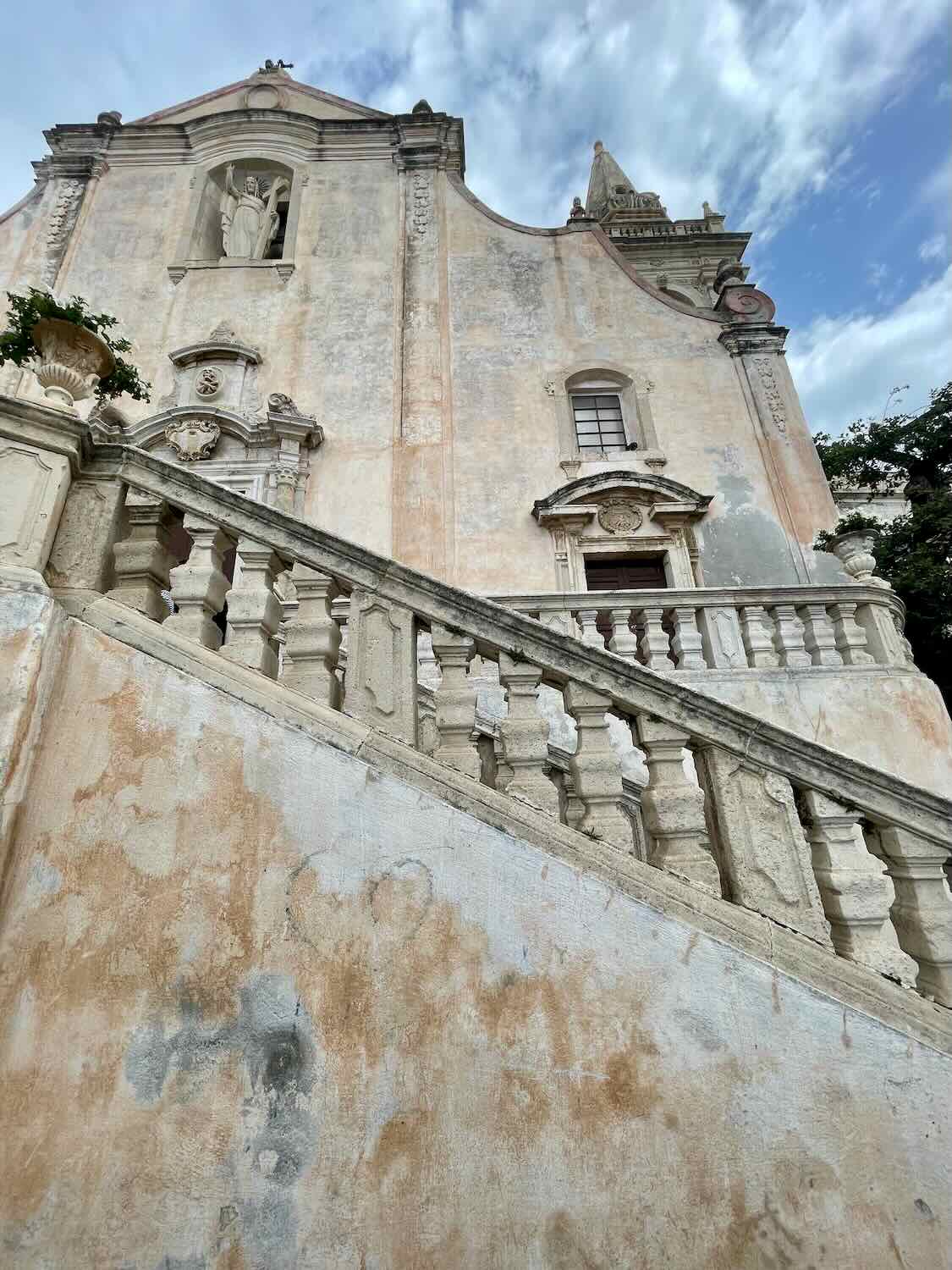 A view of the church in Taormina from the angel of looking up. 