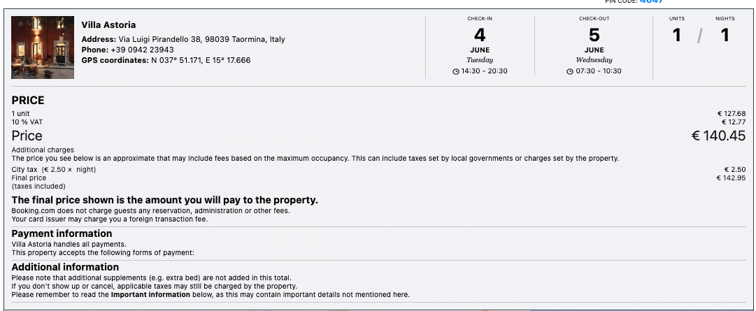 Villa Astoria booking information showing the address, phone number, GPS coordinates, check-in and check-out dates, price details, and payment information for a stay in Taormina, Italy.