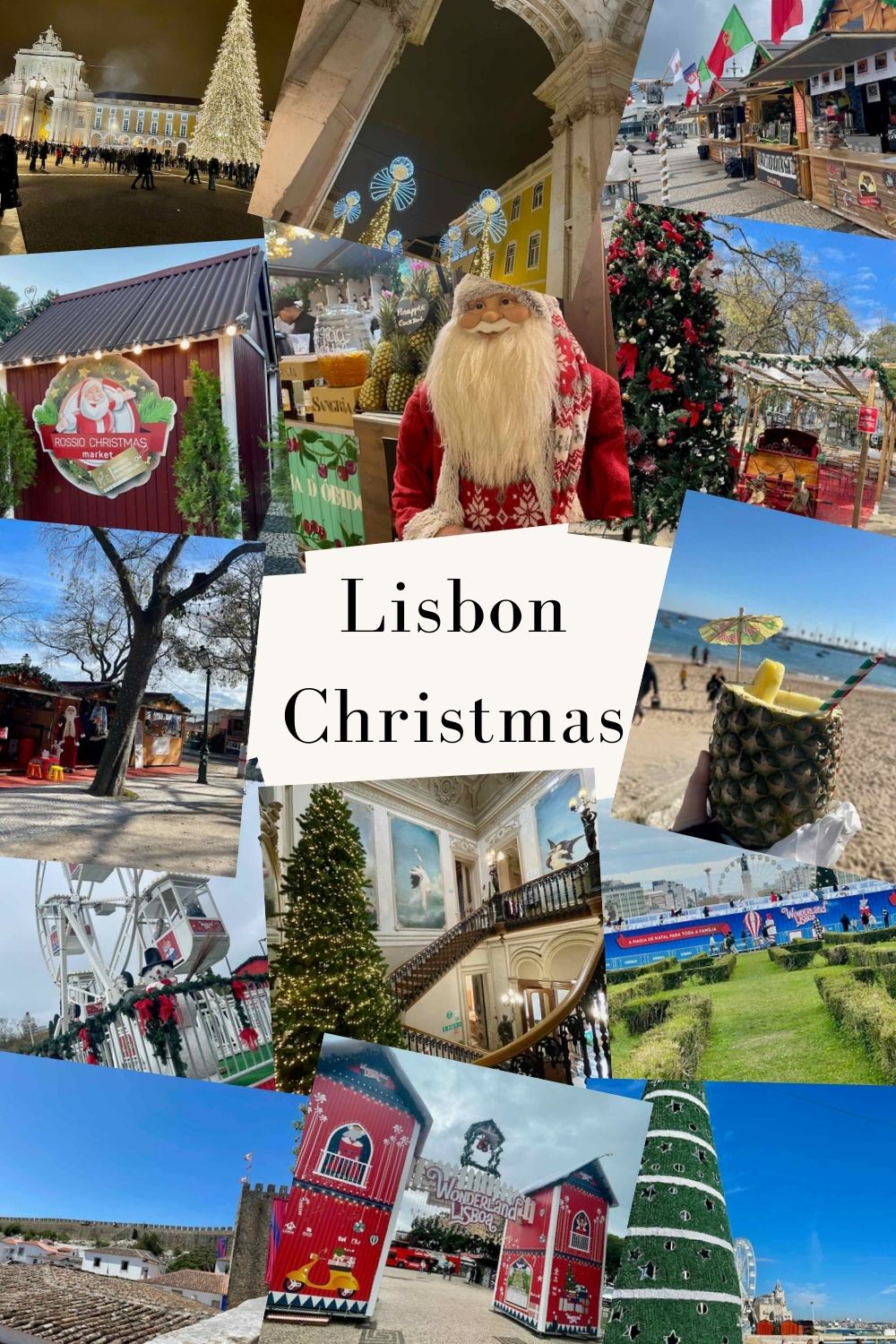 A vibrant collage showcasing Lisbon Christmas markets with festive decor, Santa Claus, and holiday lights, highlighting the city's holiday spirit.