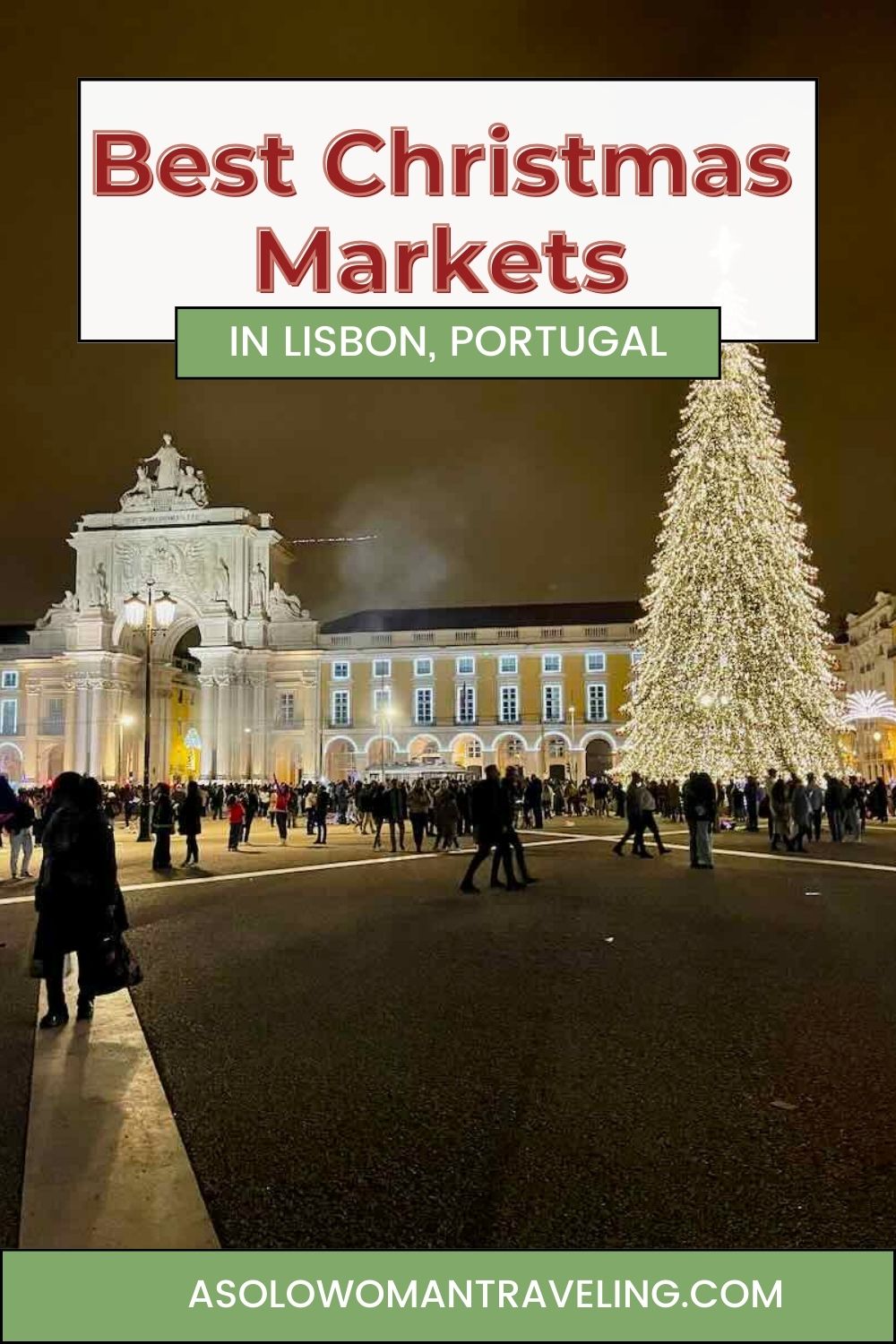 Nighttime scene of a large illuminated Christmas tree in Lisbon's Praça do Comércio, surrounded by festive crowds enjoying the holiday market.