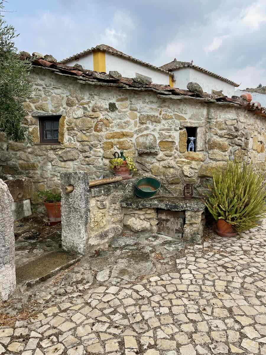 A rustic stone house with a cobblestone courtyard in a small village. The walls of the house are made of weathered stone, and various pots with plants decorate the outdoor area, giving the scene a cozy, historical feel.