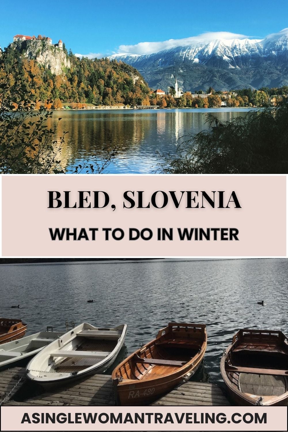 Wooden rowboats docked on Lake Bled in winter with snow-covered Julian Alps and Bled Castle in the background, Slovenia.