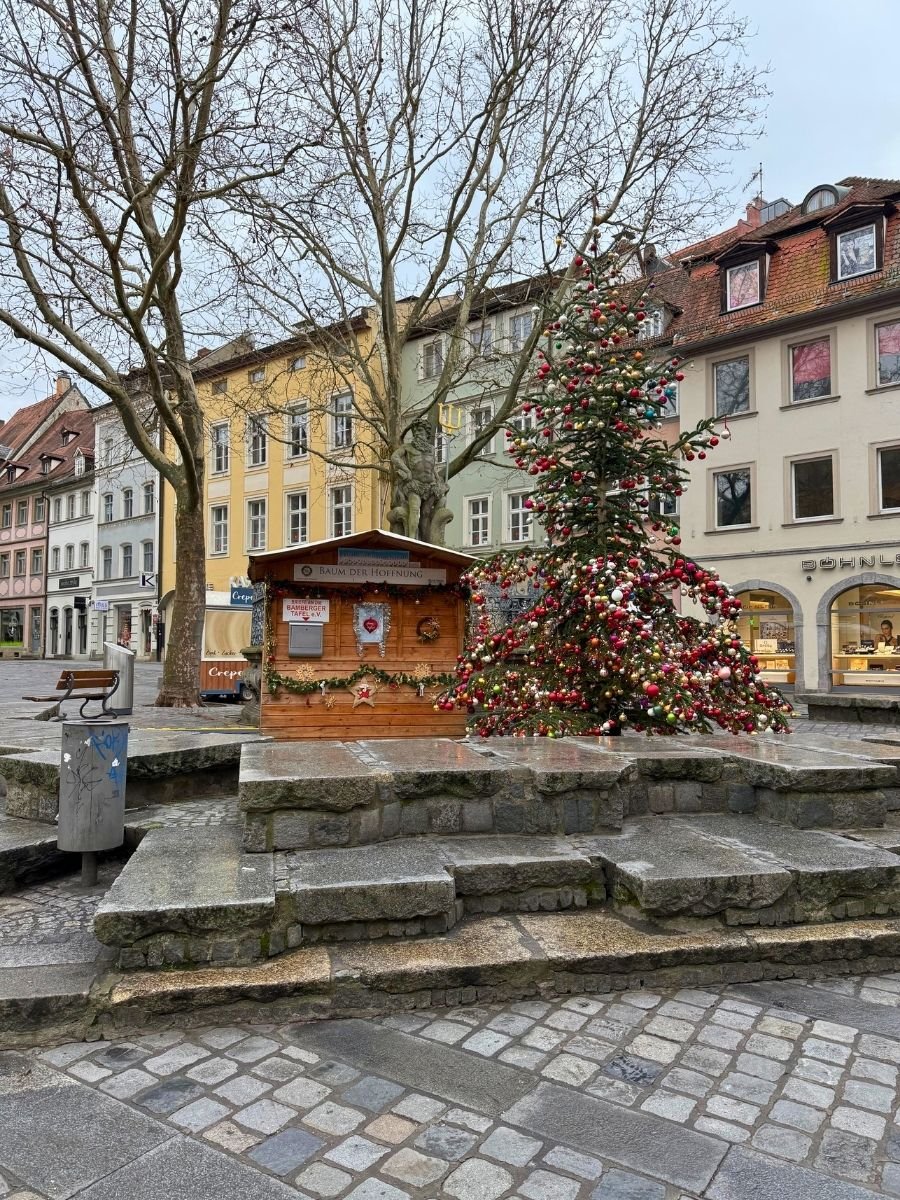 Christmas tree and wooden hut labeled "Baum der Hoffnung" (Tree of Hope) on a cobblestone square surrounded by colorful historic buildings in Bamberg.