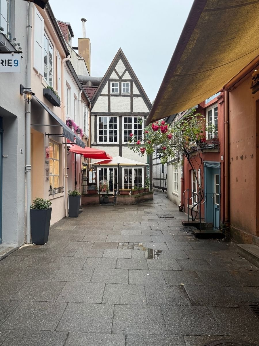 A peaceful alleyway in the Schnoor Quarter, lined with pastel facades and timber-framed houses, offering a picturesque view that feels like stepping back in time.