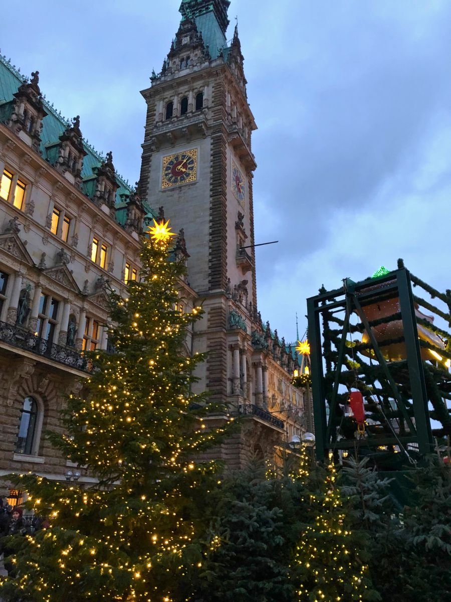 A glowing Christmas tree lights up the Rathaus square in Hamburg. Against the backdrop of the clock tower and festive decorations, the scene radiates warmth and holiday spirit.