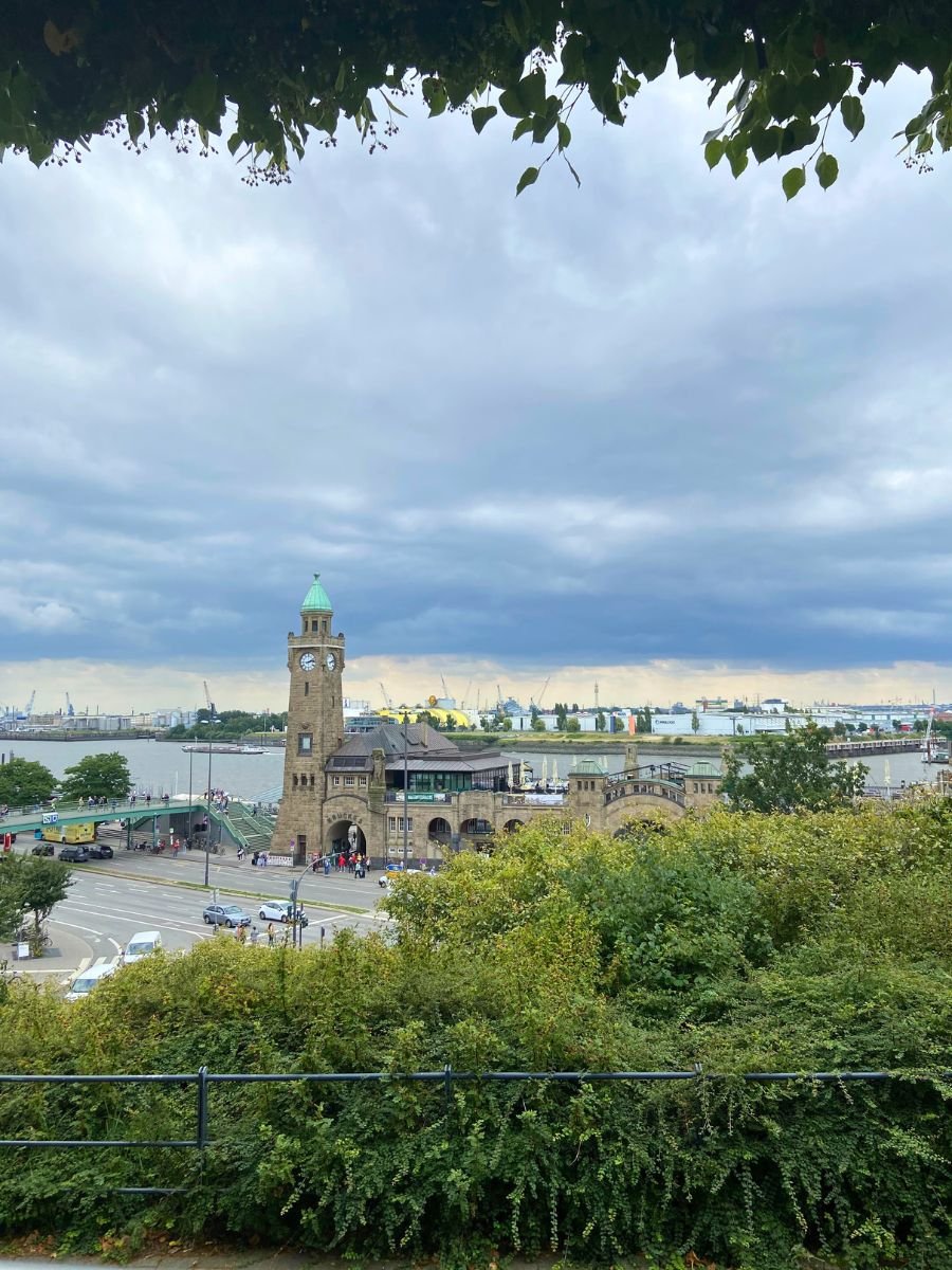 A scenic view of the Hamburg Landungsbrücken on the Elbe River, framed by lush greenery in the foreground and a cloudy sky above. The historic clock tower and harbor activity make this spot a favorite for panoramic city and port views.