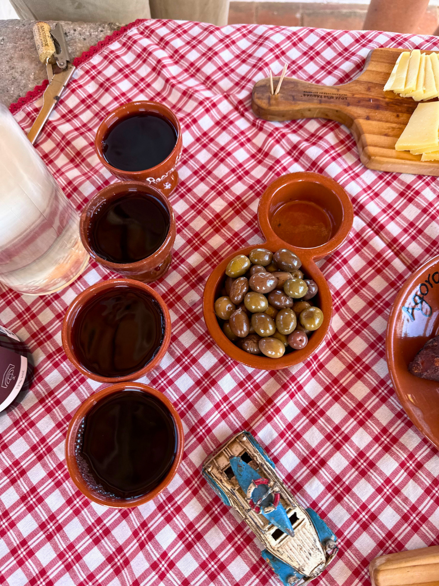 Overhead shot of a red and white checkered tablecloth with a rustic Portuguese wine tasting set: four small clay cups of red wine, a bowl of olives, and a wooden board with sliced cheese.