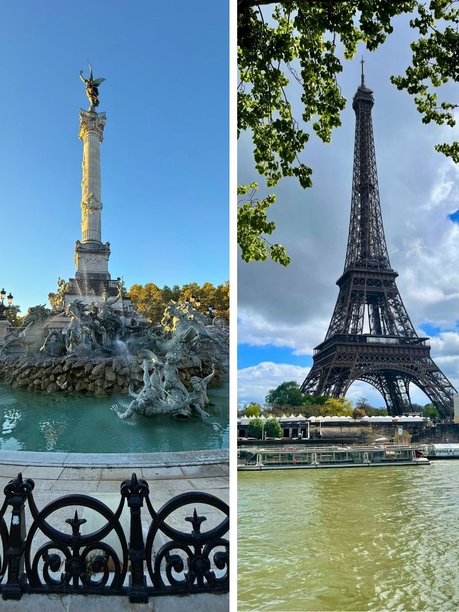 Side-by-side images comparing Bordeaux and Paris. The left shows the Monument aux Girondins fountain in Bordeaux under a clear blue sky. The right shows the Eiffel Tower in Paris framed by green leaves, with the Seine River in the foreground.
