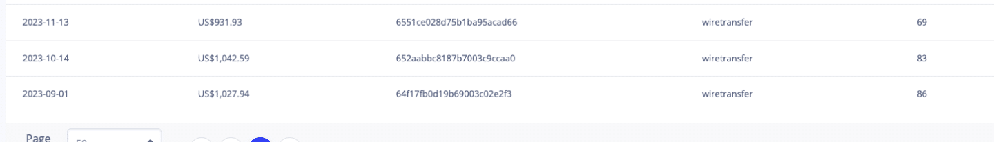 Stay22 payout history showing three wire transfers from September to November 2023 with amounts of $1,027.94, $1,042.59, and $931.93 in USD.
