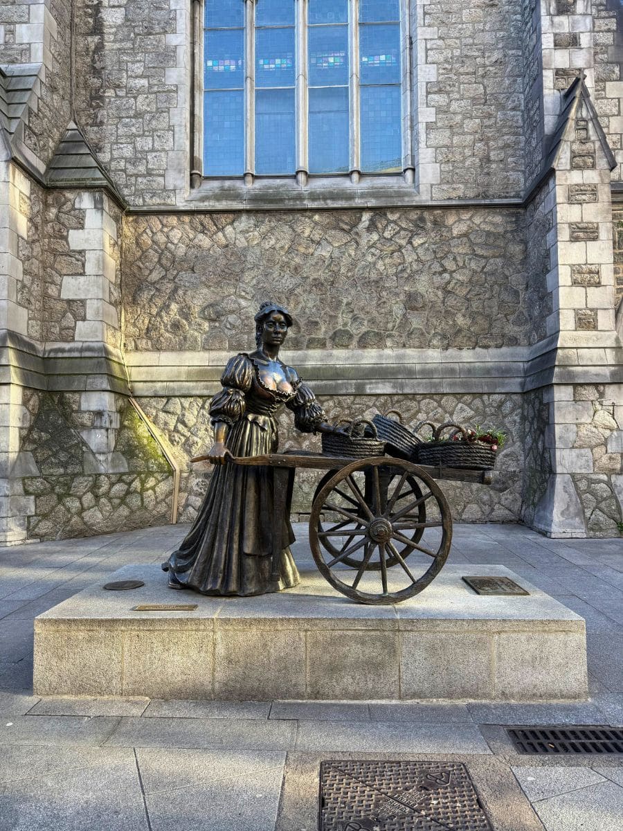 The famous Molly Malone statue in Dublin, showing the bronze figure with her traditional cart in front of a stone church.