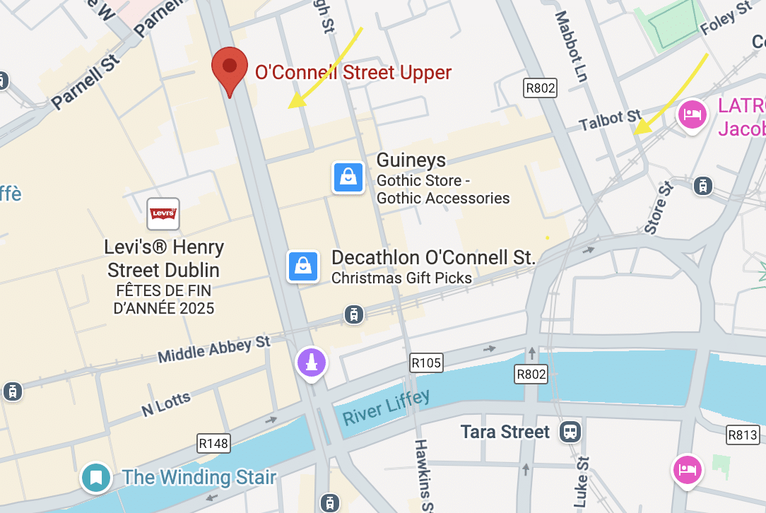 Map of central Dublin highlighting O’Connell Street Upper and Talbot Street, areas that can feel a bit gritty at night for solo travelers.