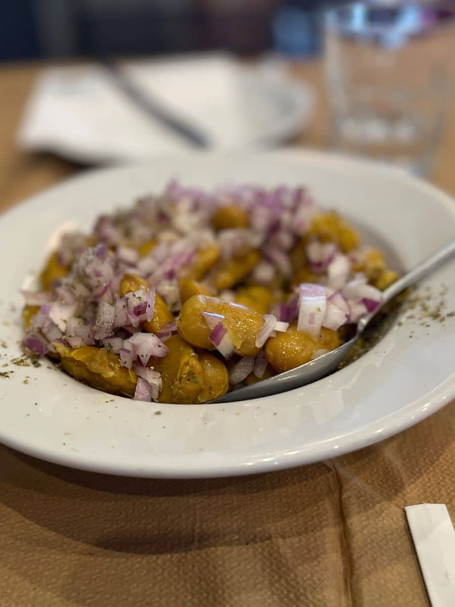 Marinated chickpea salad with red onion and herbs tasted on an Athens food tour.
