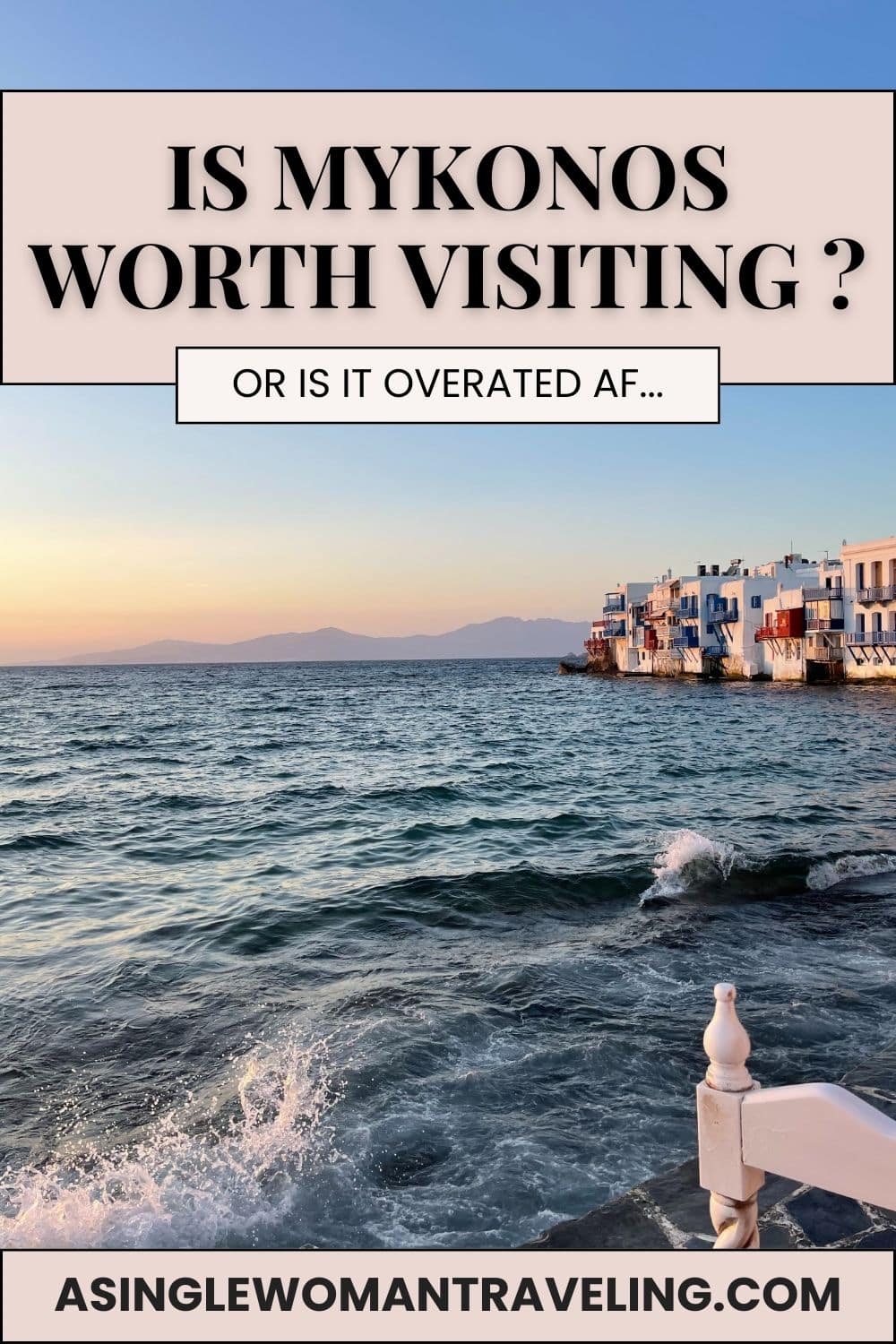 Sunset view of Little Venice in Mykonos, Greece with waves hitting the shore and white waterfront houses