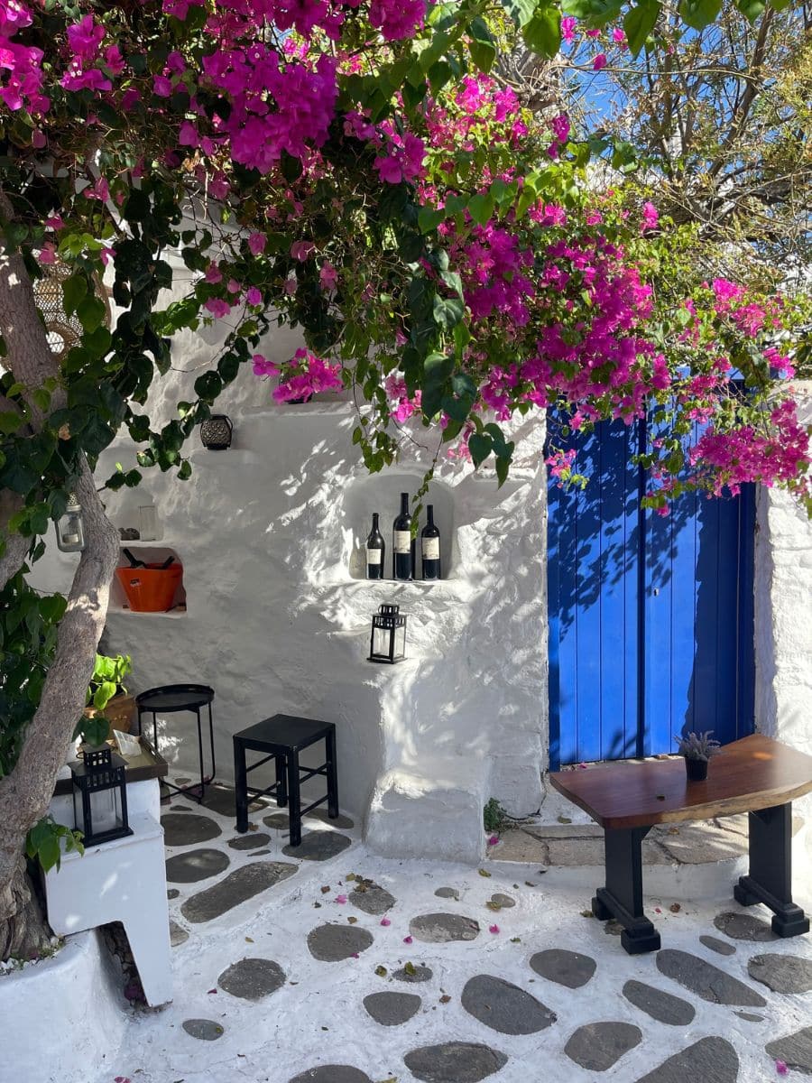 Bougainvillea flowers hanging over a white courtyard with blue door in Mykonos