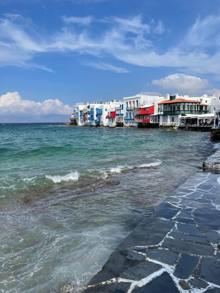Little Venice waterfront houses with colorful balconies along the Aegean Sea in Mykonos