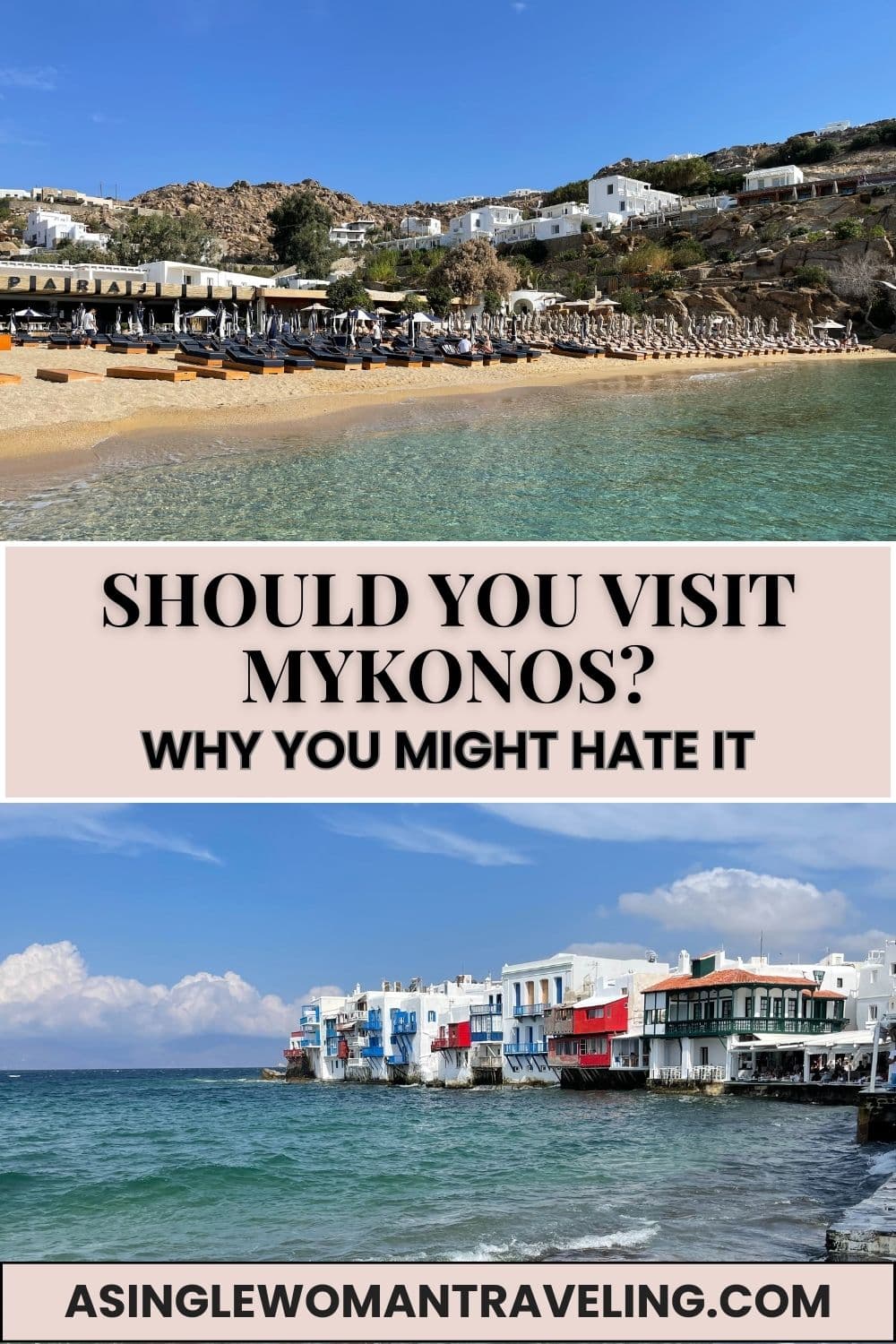 Luxury beach club and sunbeds on a beach in Mykonos with Little Venice houses along the sea