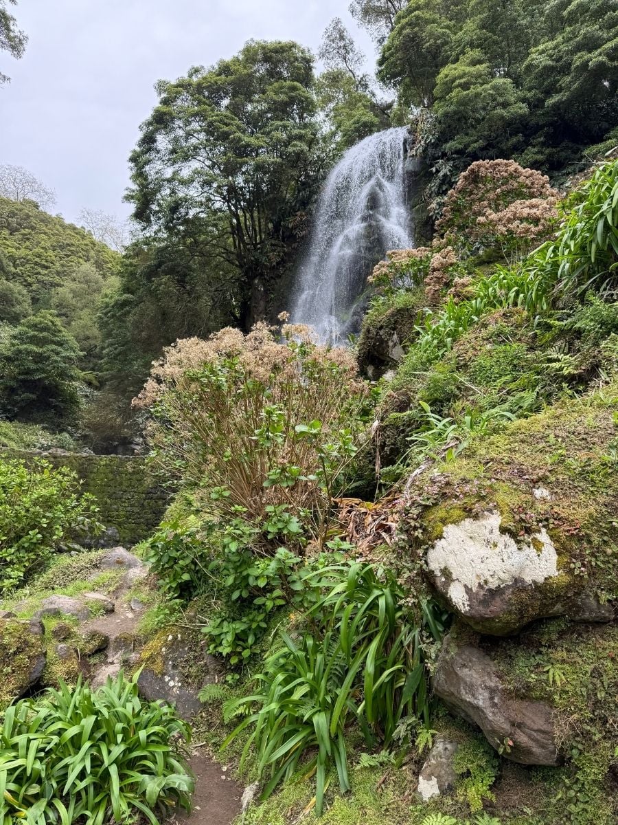 Close-up of waterfall in Parque da Ribeira dos Caldeir&otilde;es, S&atilde;o Miguel, Azores surrounded by mossy rocks, dense vegetation, and a narrow hiking trail