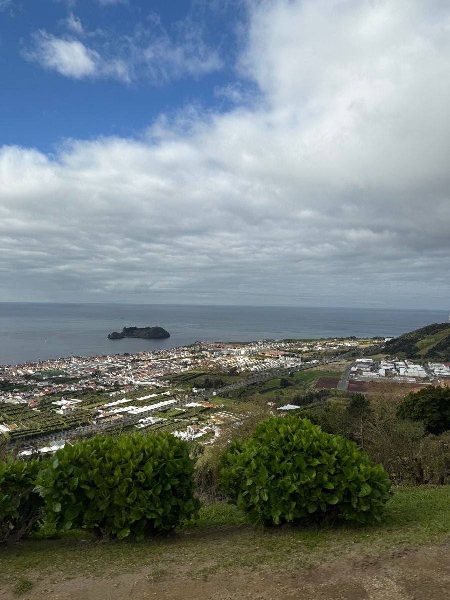 Panoramic coastal view over Vila Franca do Campo, S&atilde;o Miguel, Azores with the islet offshore and town stretching along the shoreline