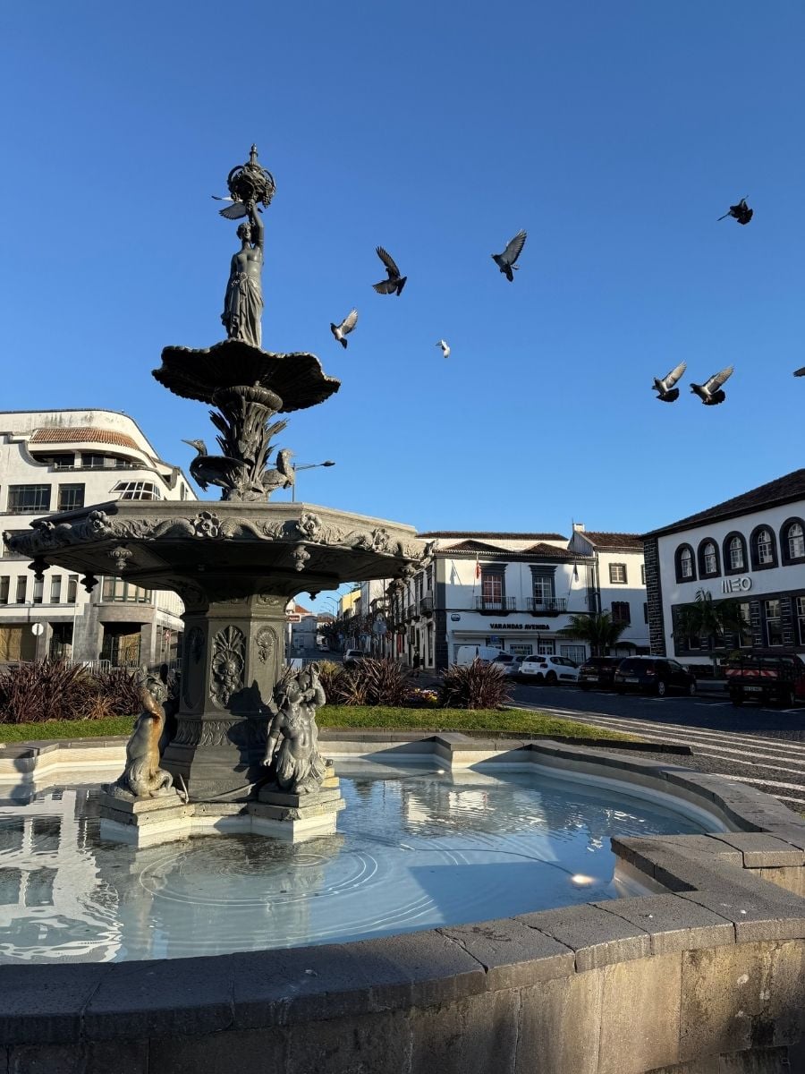 Decorative fountain with statues and pigeons in Ponta Delgada, S&atilde;o Miguel, Azores surrounded by historic buildings and blue sky