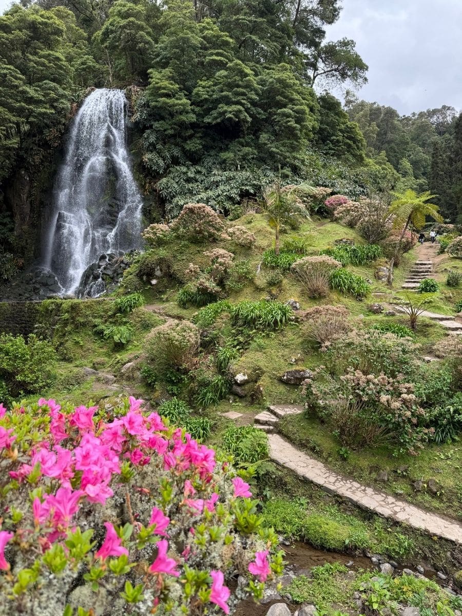 Lush waterfall and garden landscape in S&atilde;o Miguel, Azores