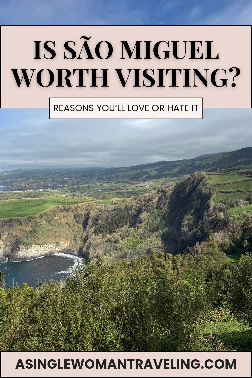 S&atilde;o Miguel Azores waterfall with lush greenery and travel blog title &ldquo;Should you visit or skip it&rdquo;